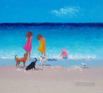 Niñas y perros en la playa. Impresionismo infantil. Pinturas al óleo